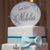 Dalmazio Design Cake Topper Swarovski Plaque - Oval Horizontal Soft Edge Flourishes God Bless w/ Personalization